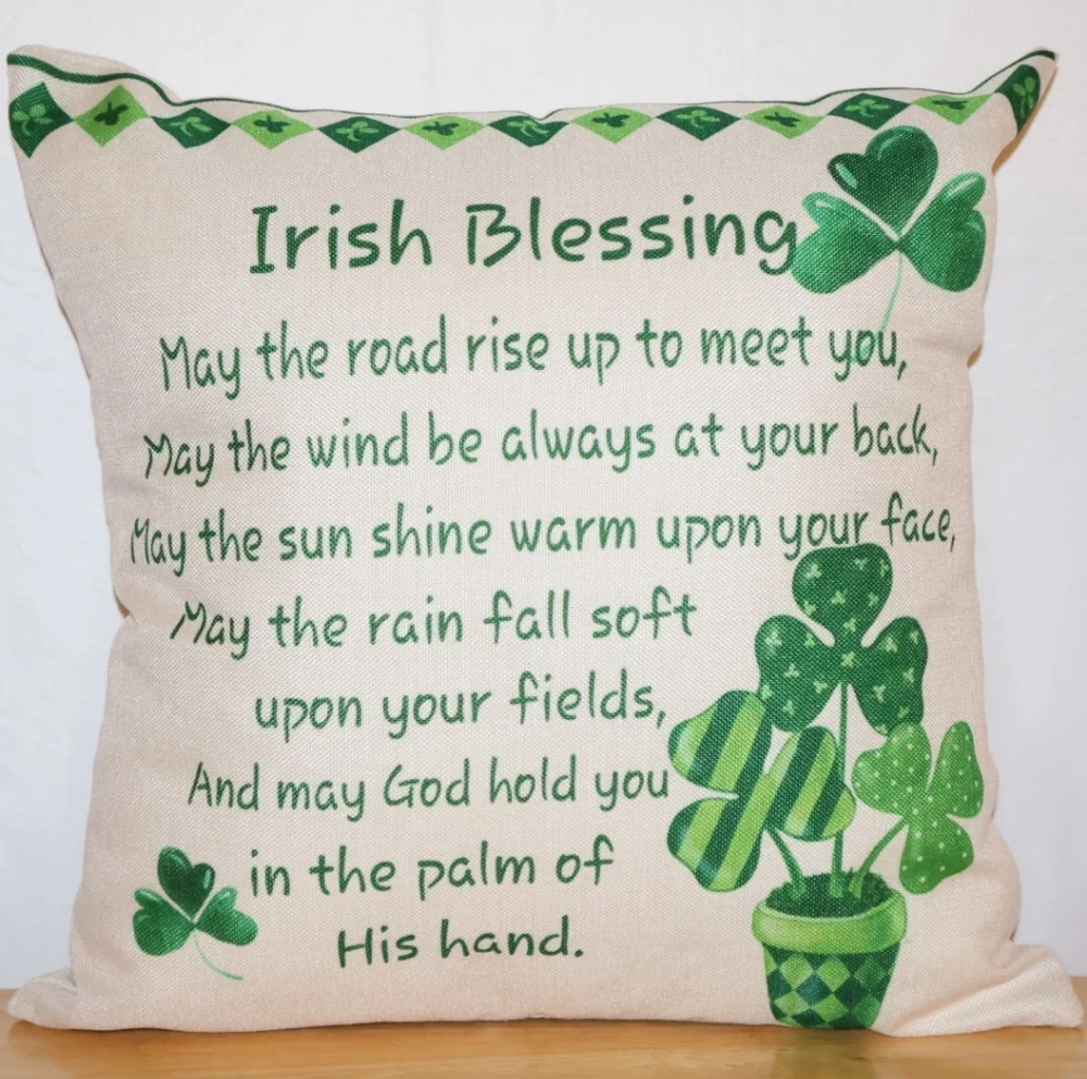 Clover Heart Irish Blessing Decorative Pillow Cover & Pillow-Cream & Green.